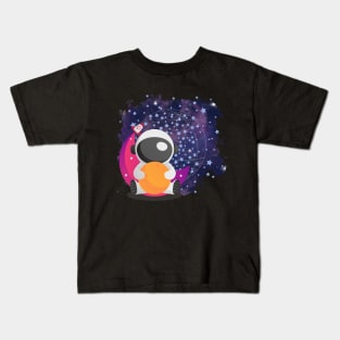 Cute Astronaut on a Pink Moon Space Travel Rocket Stars Kids T-Shirt